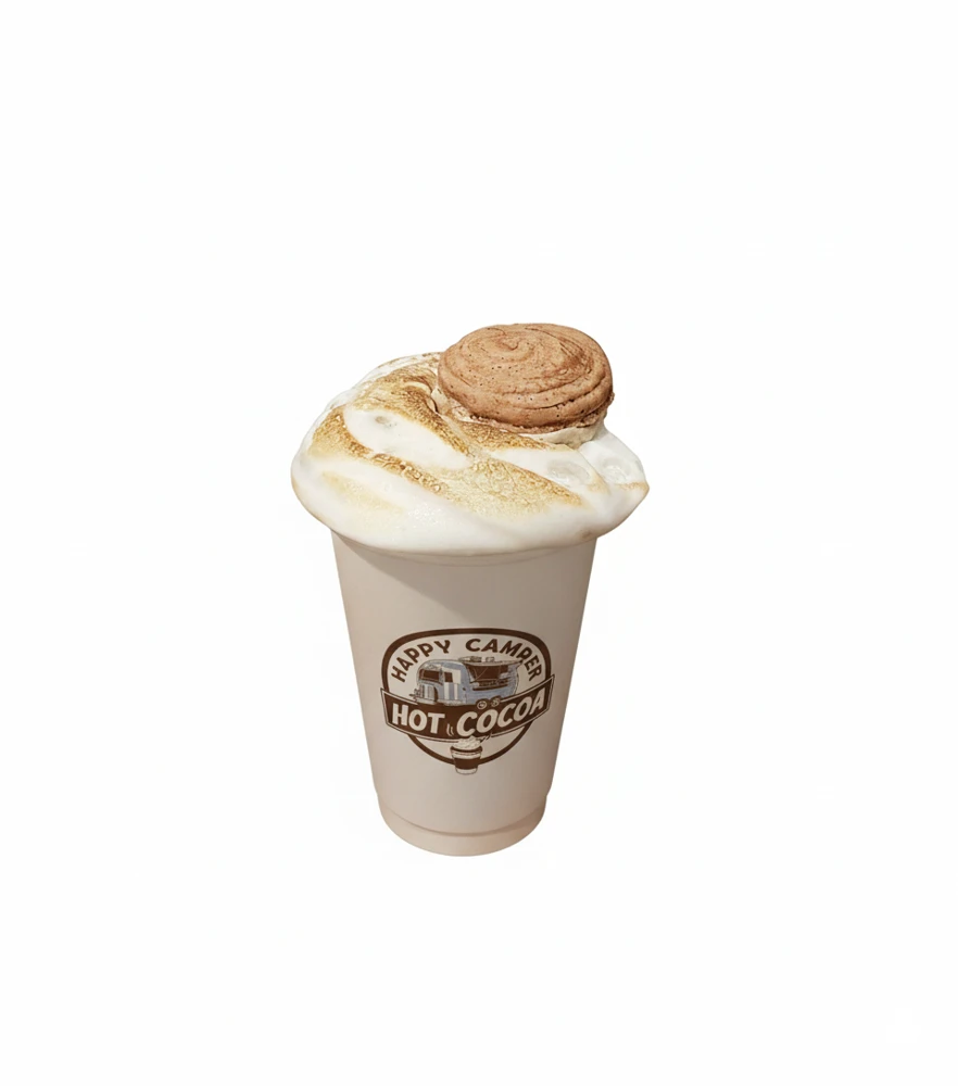 The Great Pumpkin hot cocoa topped with toasted marshmallow fluff and a locally made pumpkin macaron